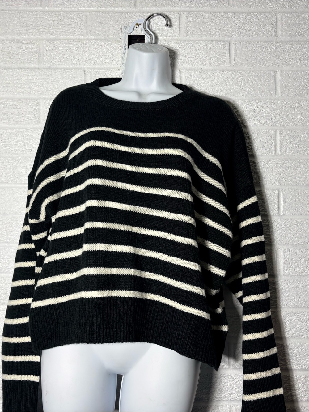 Double Zero Black & Cream Striped Crewneck Sweater